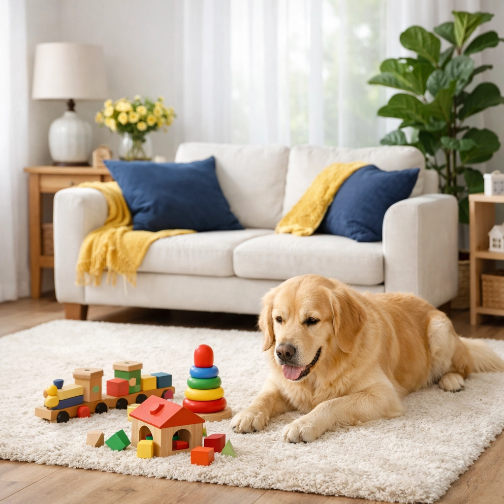 Clean and safe living room environment for families and pets using non-toxic cleaning solutions.
