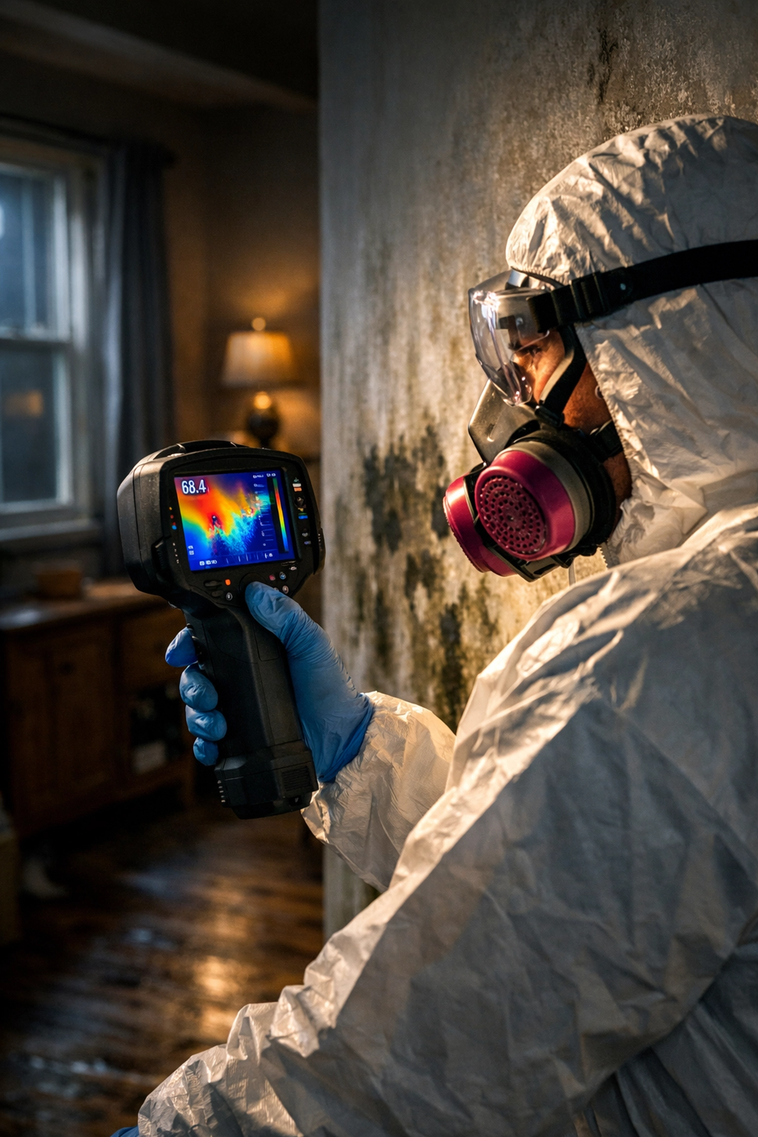 Professional mold testing specialist using thermal imaging camera to detect hidden moisture in Chester County home