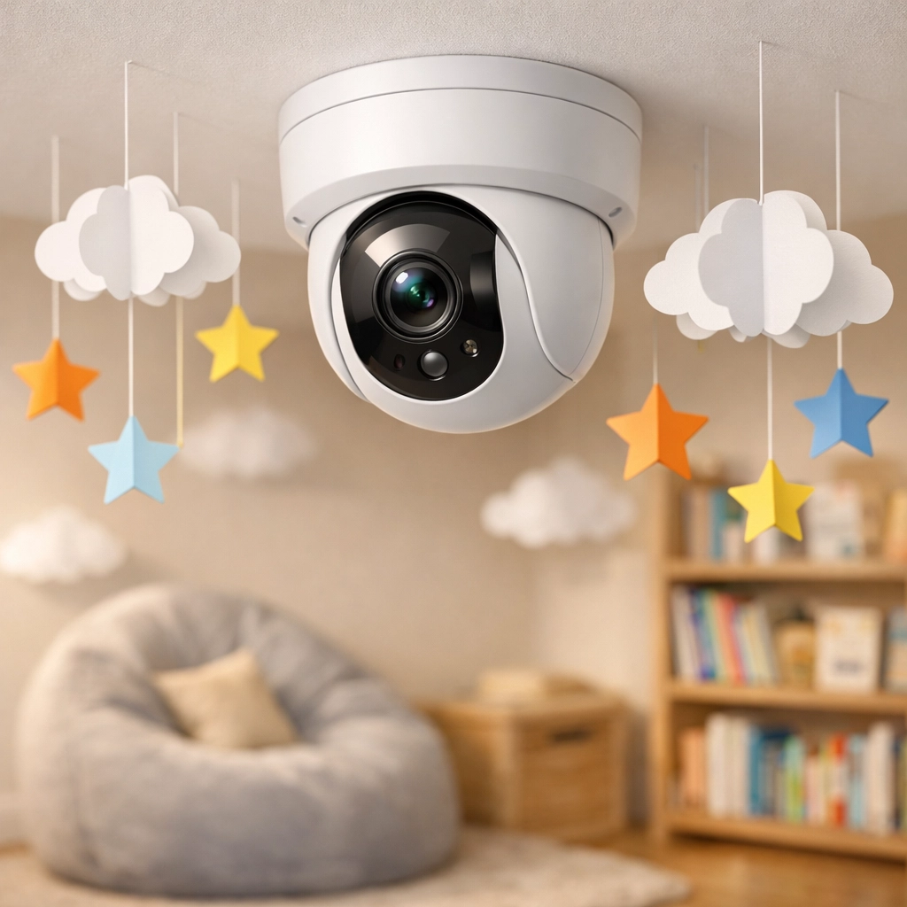 Modern 4K IP security camera blending into a colourful nursery ceiling near a reading corner.