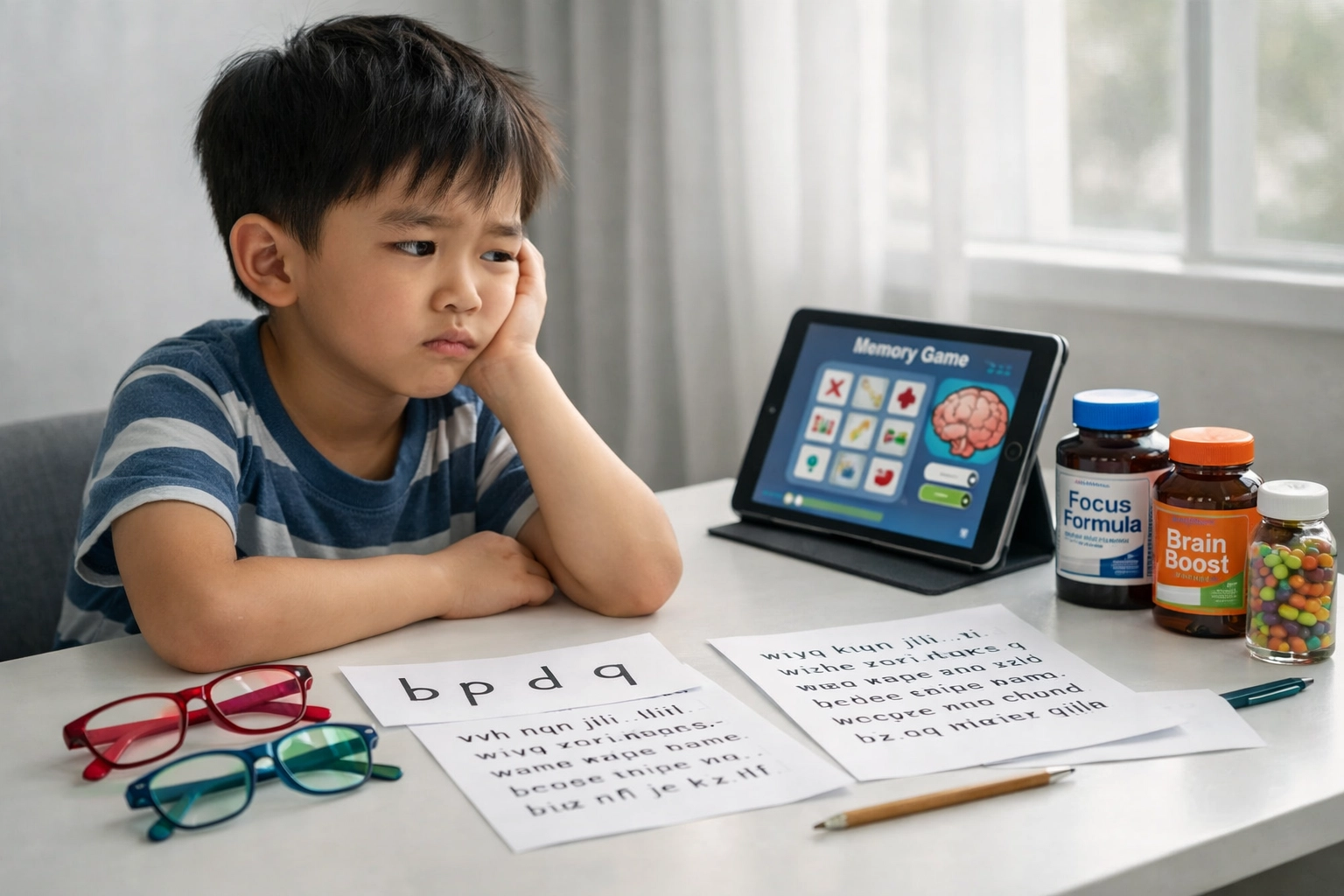 Schoolkind omringd door onbewezen leerhulpmiddelen zoals gekleurde brillen en apps