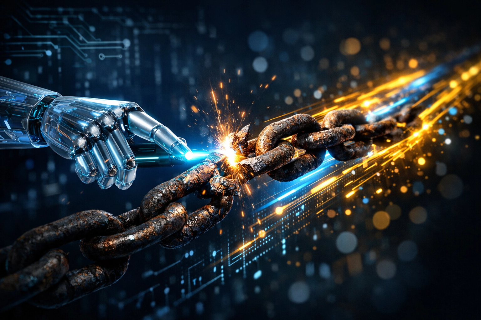 A robotic hand using a laser to cut rusted chains, symbolizing Larecoin.ai slashing legacy fees for Web3 payments.