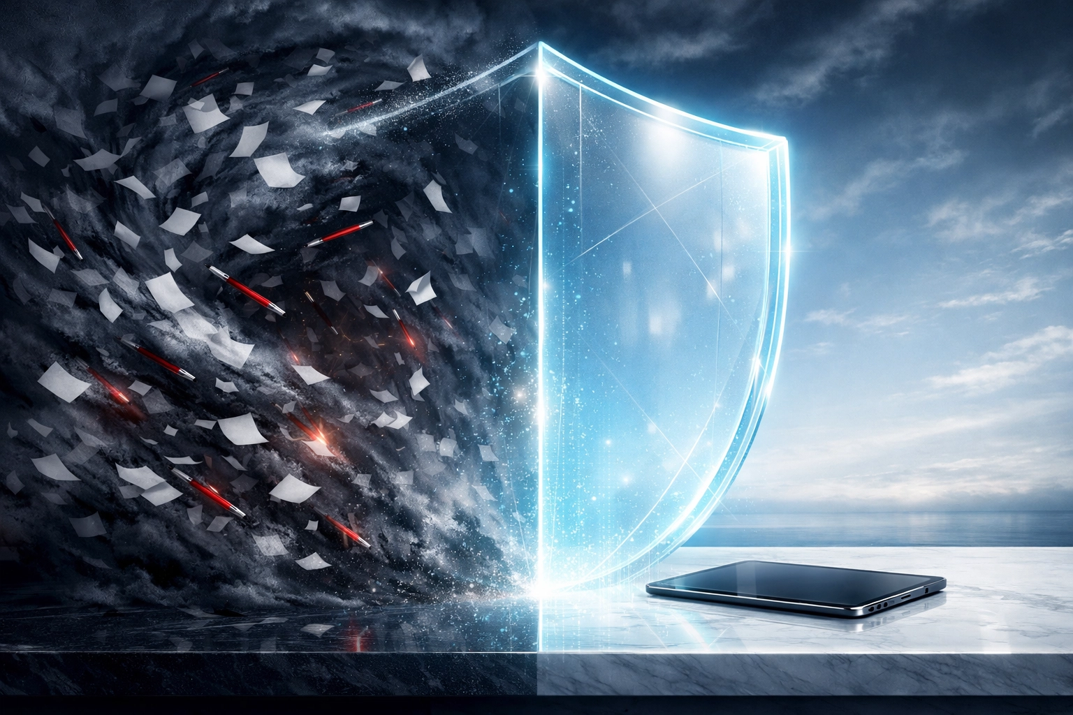 Secure digital tablet protected from chaotic tax forms, showcasing reliable tax preparation services.