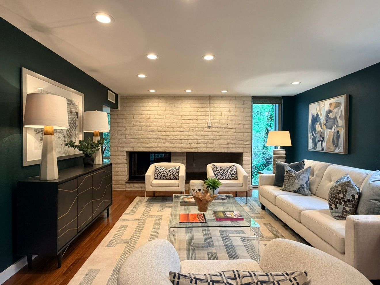 Office of the Day Living Room - Fireplace & Teal Wall