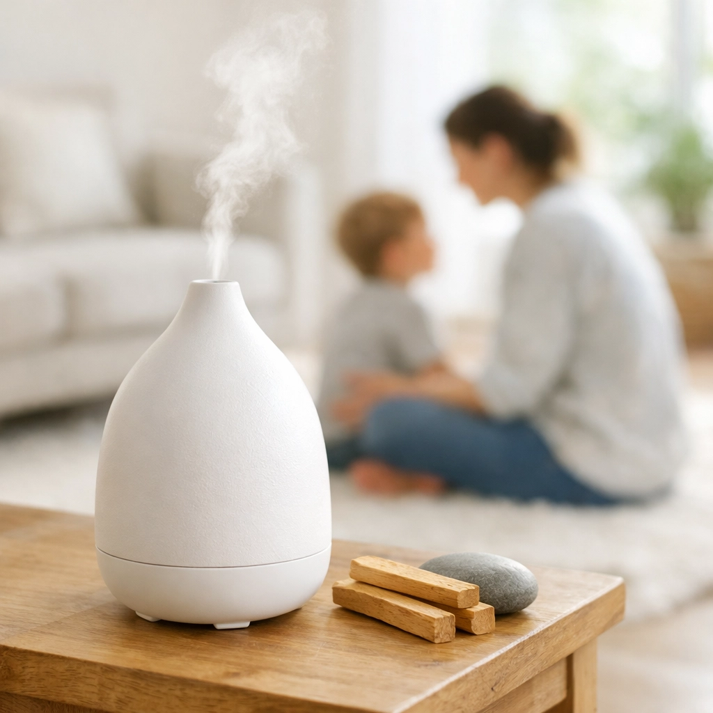 A modern oil diffuser and Palo Santo wood promoting relaxation and 67 family wellness at home.