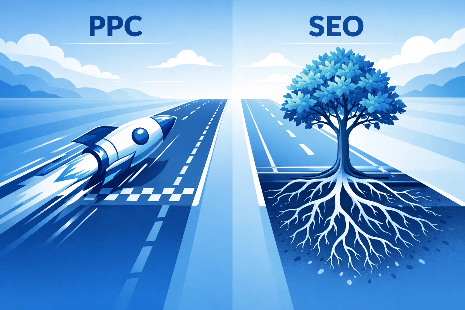 PPC vs SEO speed comparison showing fast paid ads versus long-term organic growth
