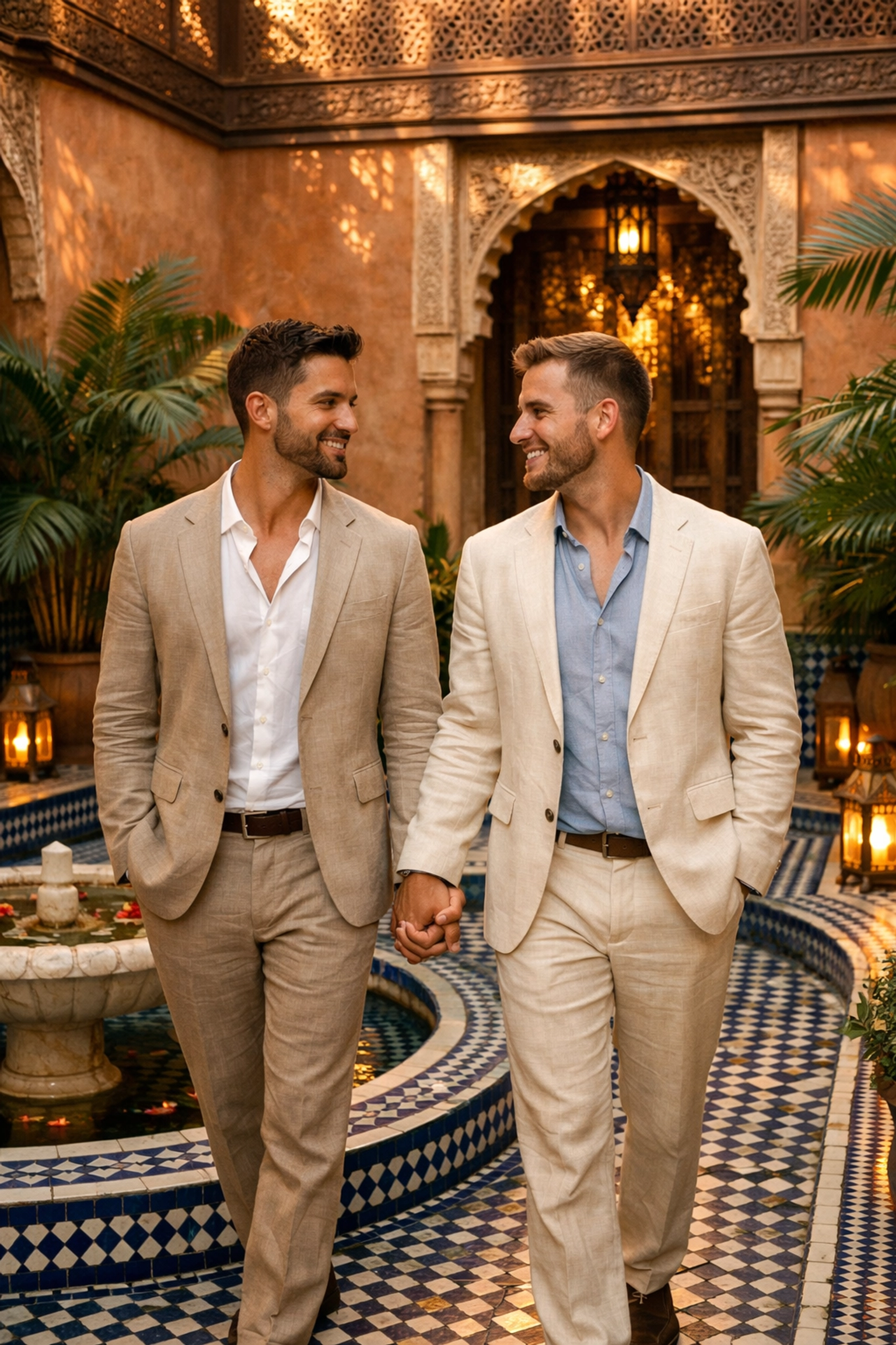 Gay couple walking hand in hand through luxury riad courtyard in Marrakech