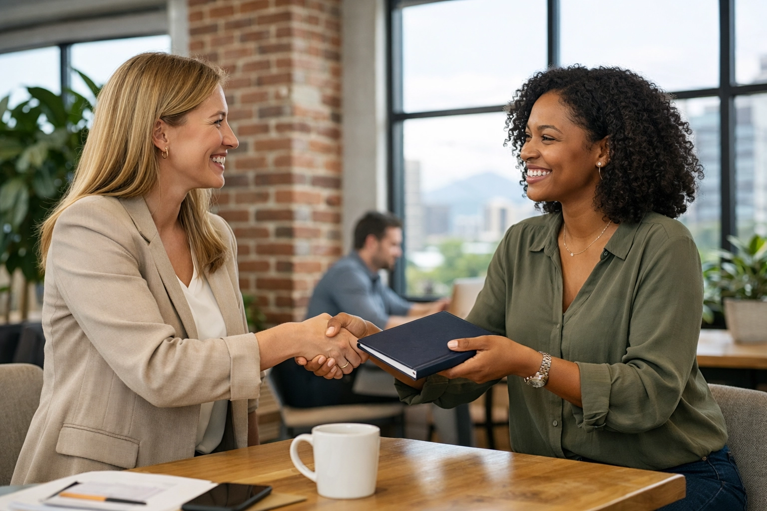 Two women collaborating in a Denver coworking space