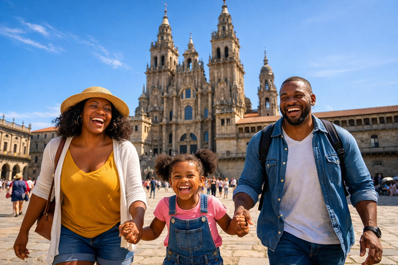 A happy family explores a European plaza, showcasing a well-planned custom travel itinerary.