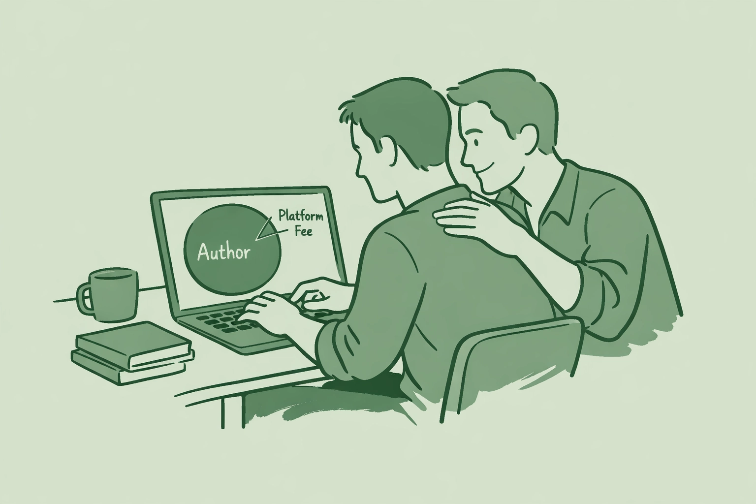 Two LGBTQ+ authors reviewing 85% royalty pie chart showing author earnings vs platform fees