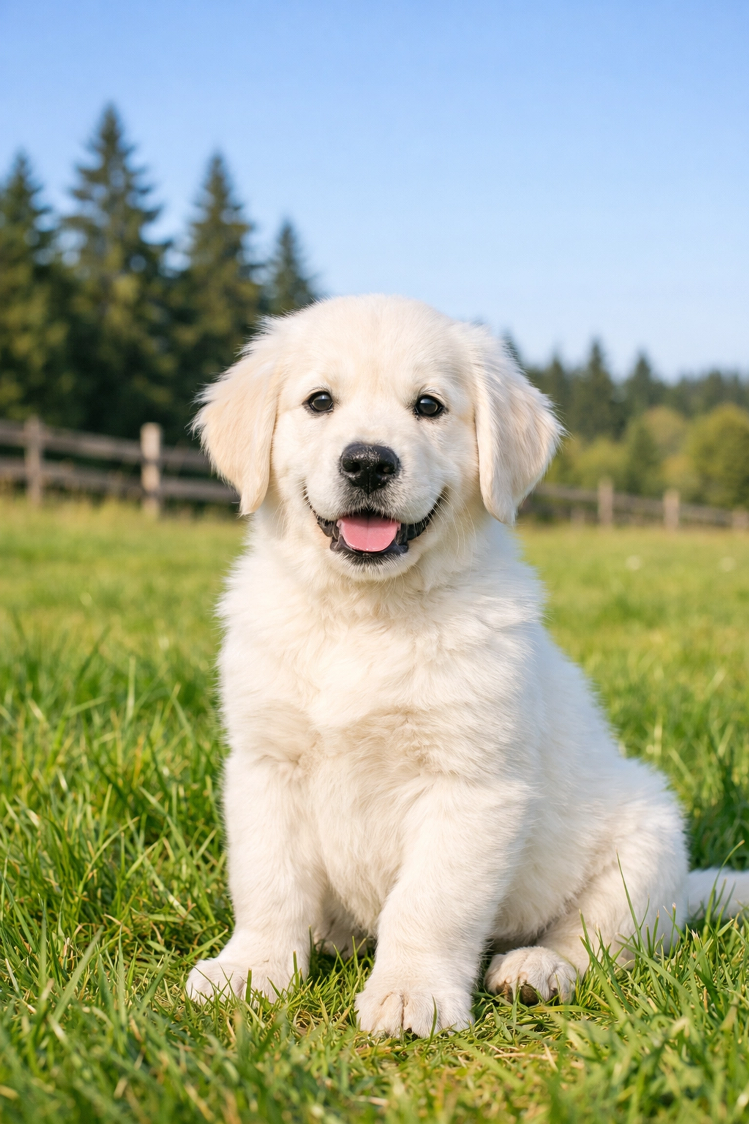 Health tested Golden Retriever puppy from a Boring Oregon breeder sitting in a green field.