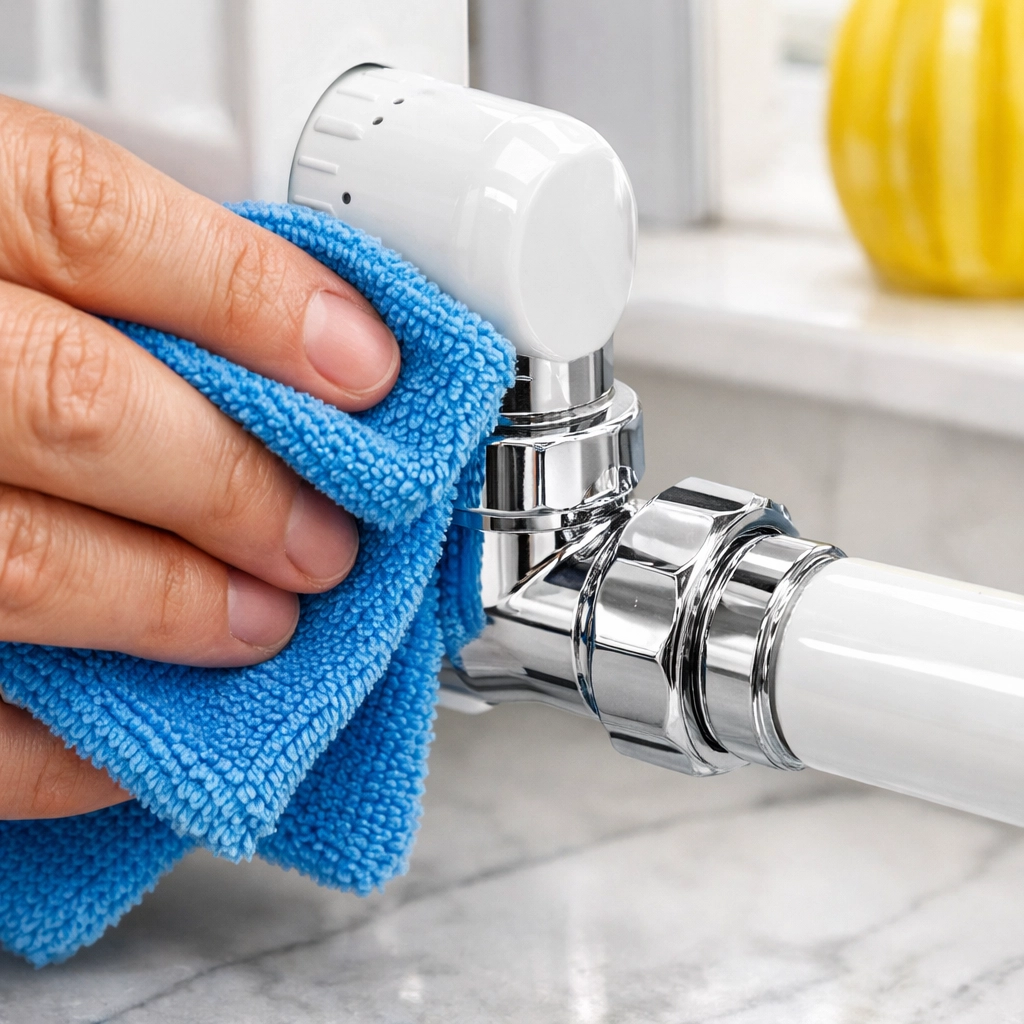 Wiping down a sparkling white radiator valve with a blue microfiber cloth for a clean finish.