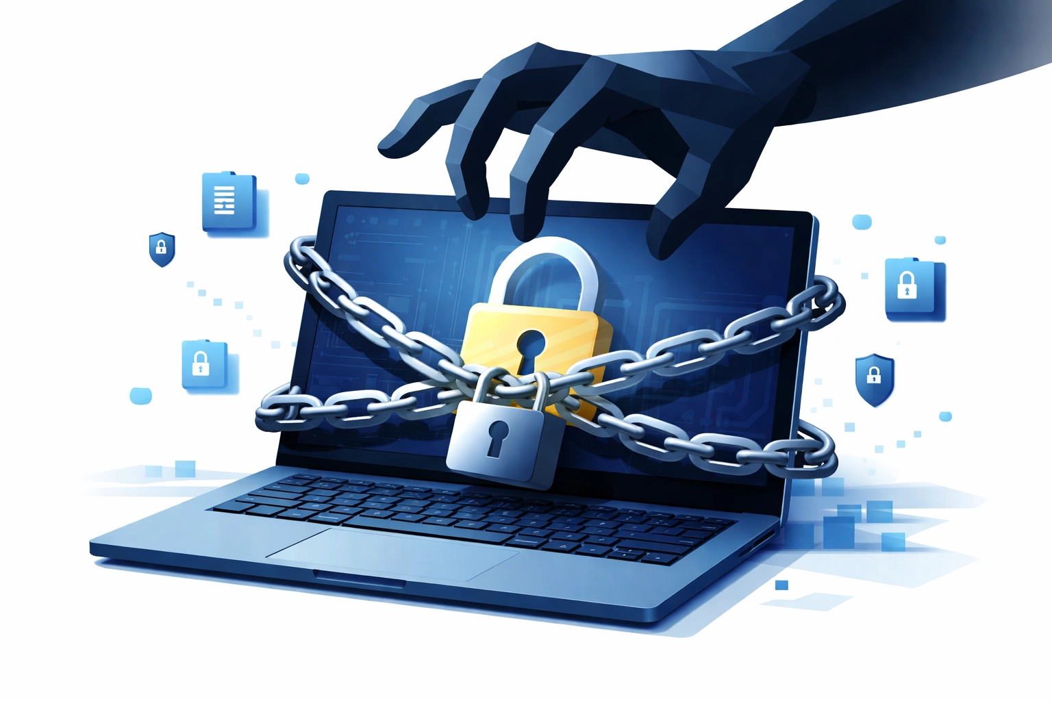 Laptop locked in chains by a shadowy hand, symbolizing ransomware attacks from outdated software