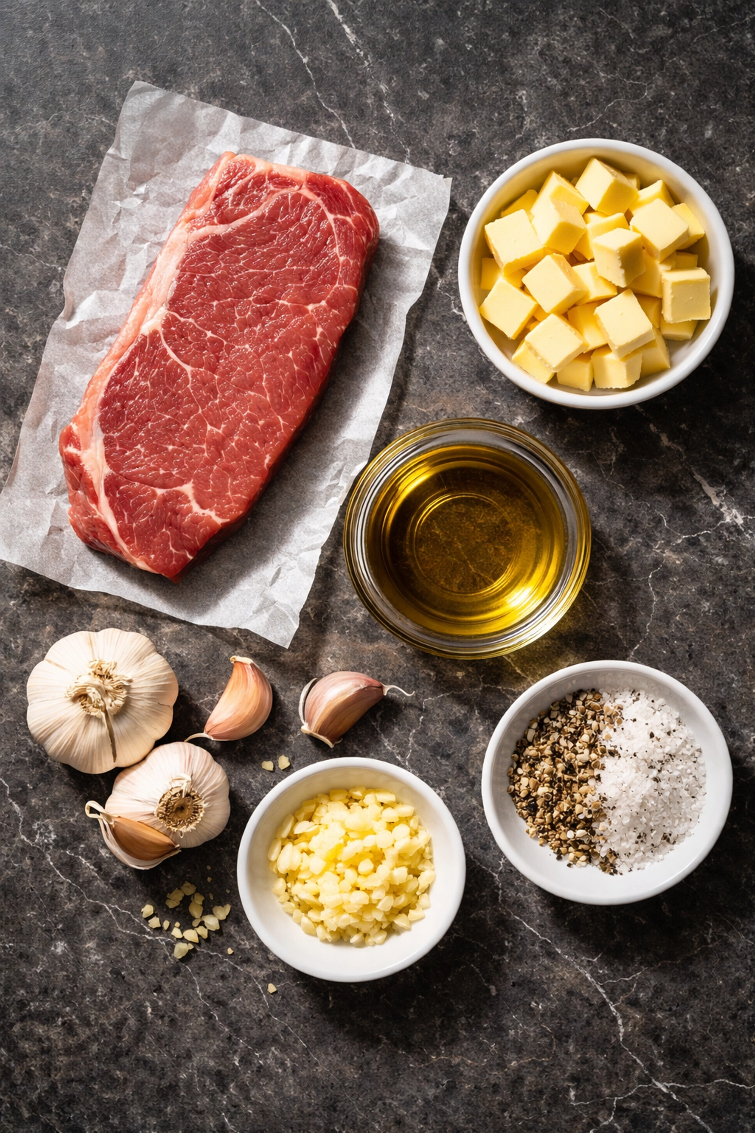 Quick 5-Ingredient Garlic Butter Steak Bites Top view of five simple ingredients for garlic butter steak bites: steak, olive oil, butter, garlic, and seasoning.