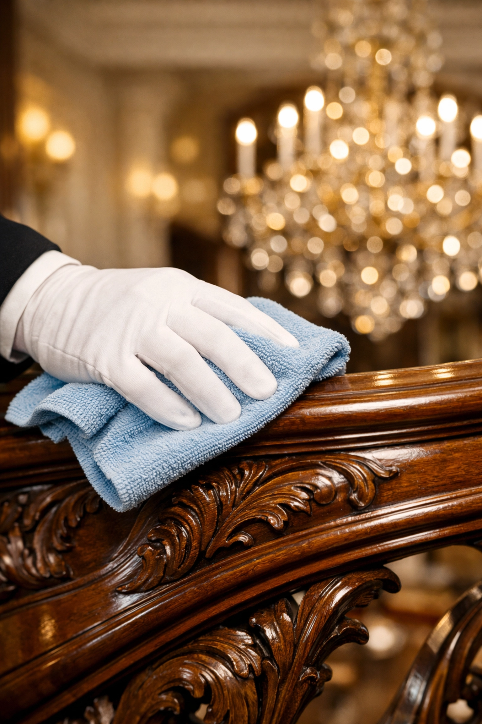 Professional luxury cleaning in Hamilton featuring white-glove detail on a historic wooden mantle.