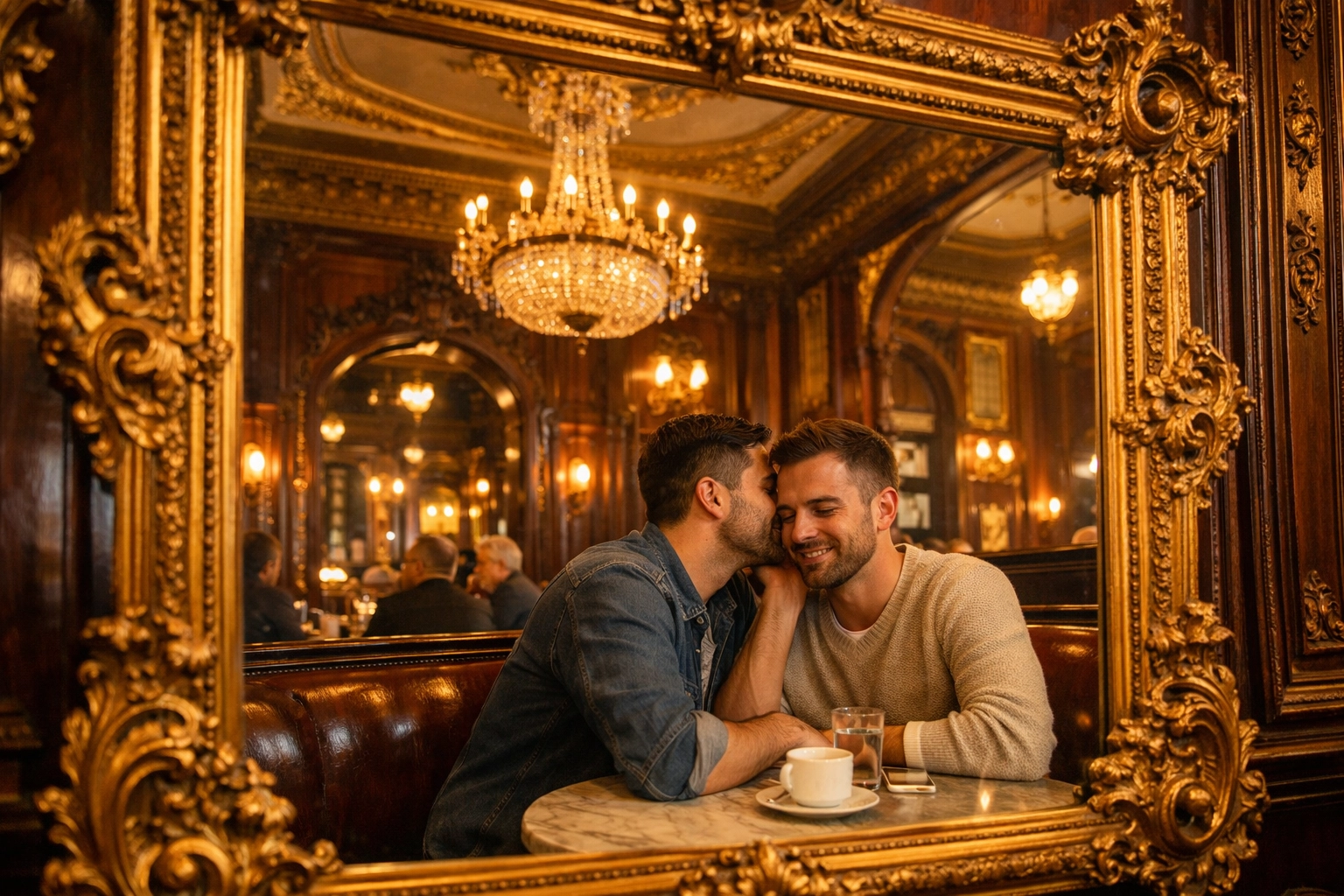A gay couple sits at a marble table reflected in the historic gilded mirrors of Café Savoy in Vienna.