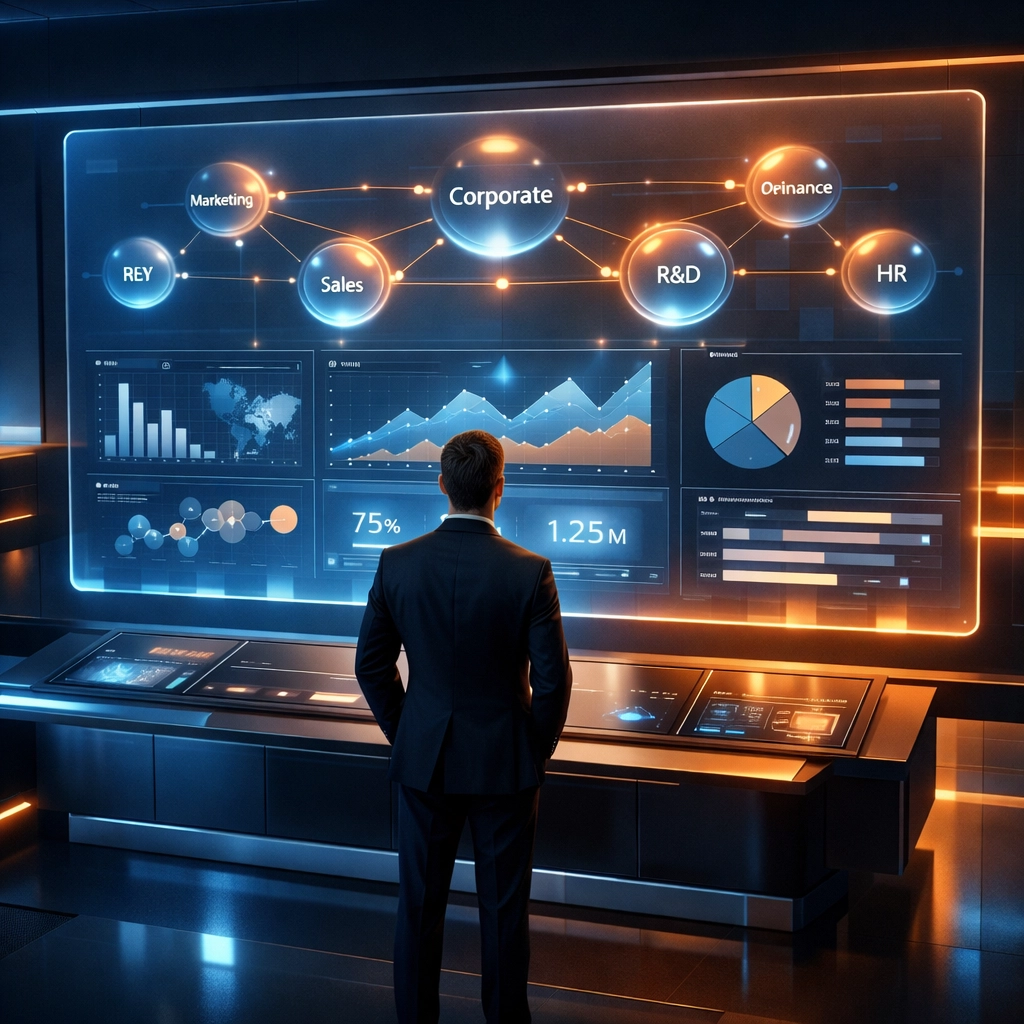 Pilotage stratégique d'une entreprise AI-First avec un tableau de bord de données analytiques.
