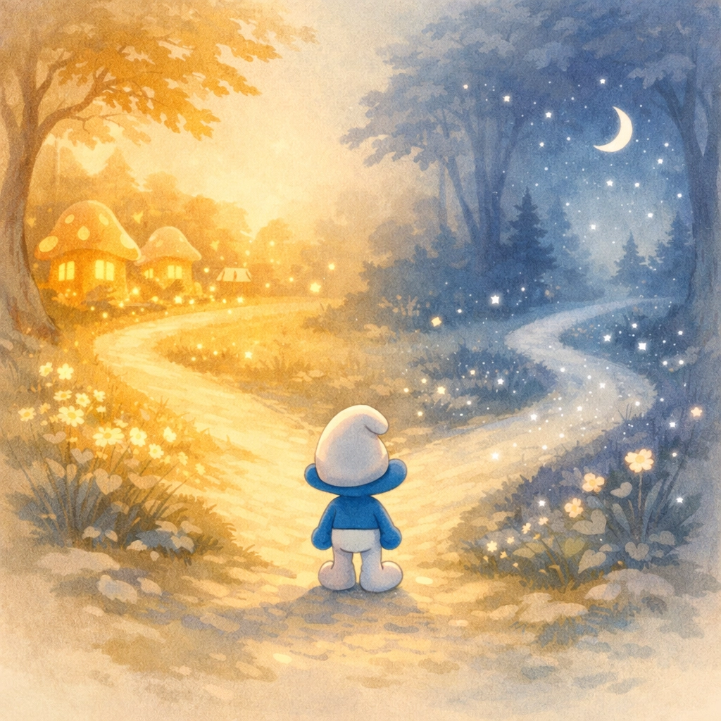 Smurf character at crossroads choosing between paths representing identity themes in Christian review