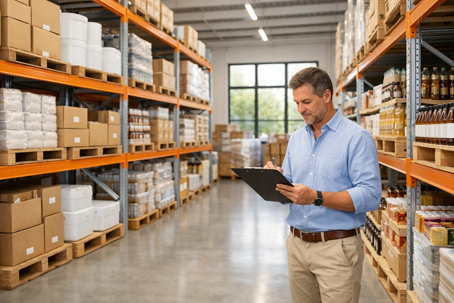 Australian warehouse worker verifying wholesale supplier inventory and credentials
