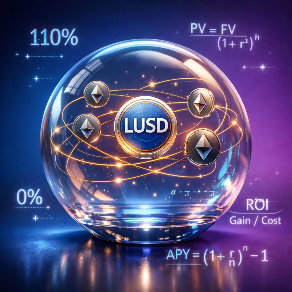 LUSD stablecoin 110% ETH collateralization ratio with 0% interest rate visualization