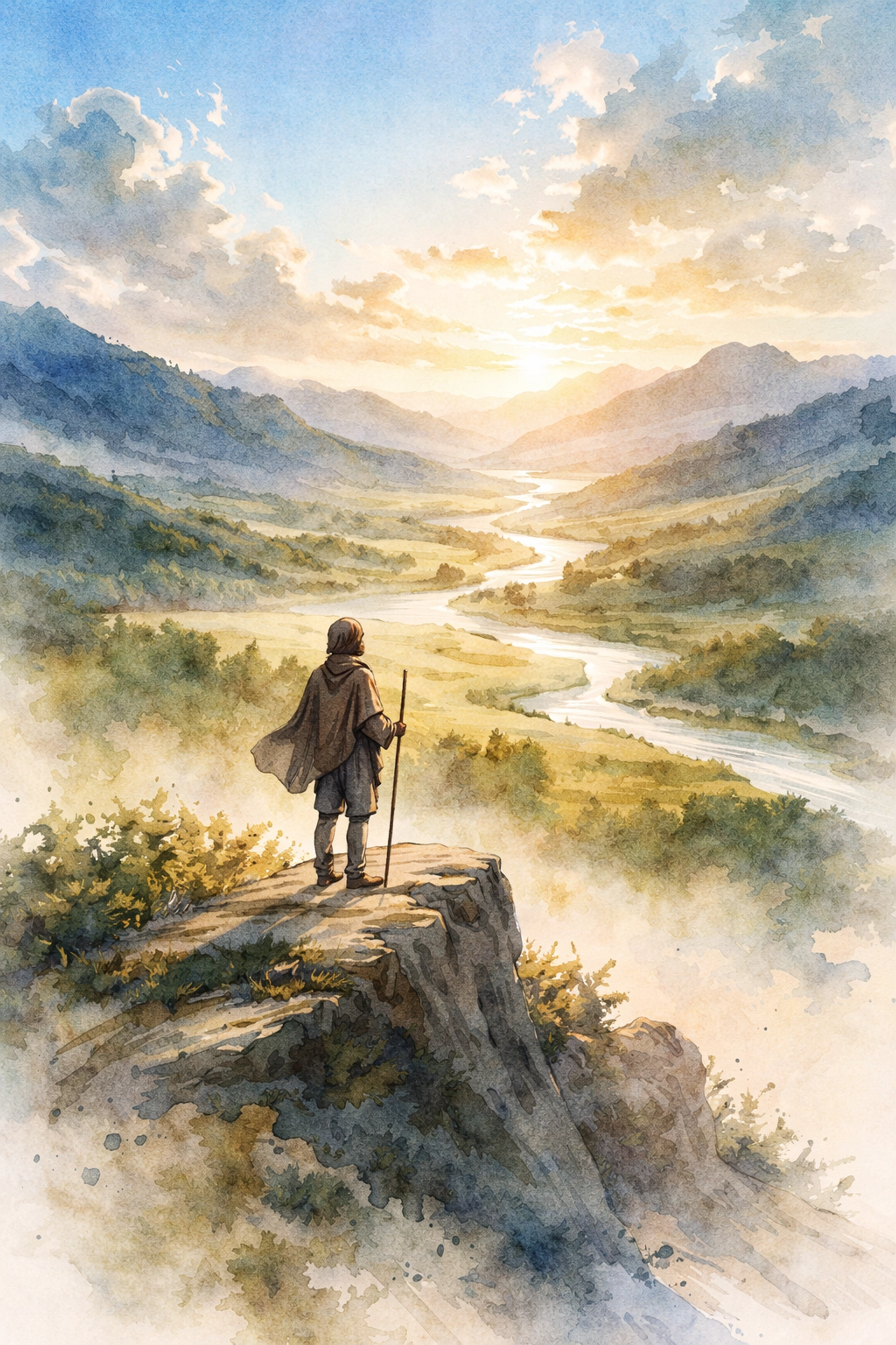 A lone figure stands at a cliff's edge, overlooking the Promised Land filled with hills and rivers, representing hope and faith.