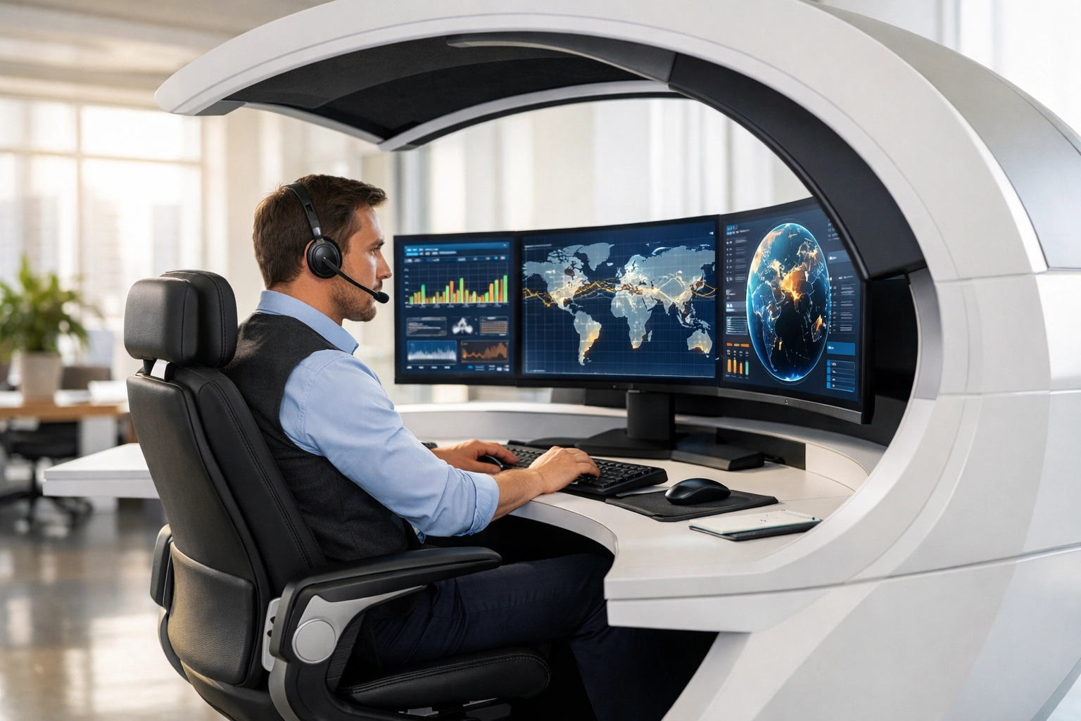 Professional logistics manager using a multi-screen workstation pod for real-time supply chain tracking.