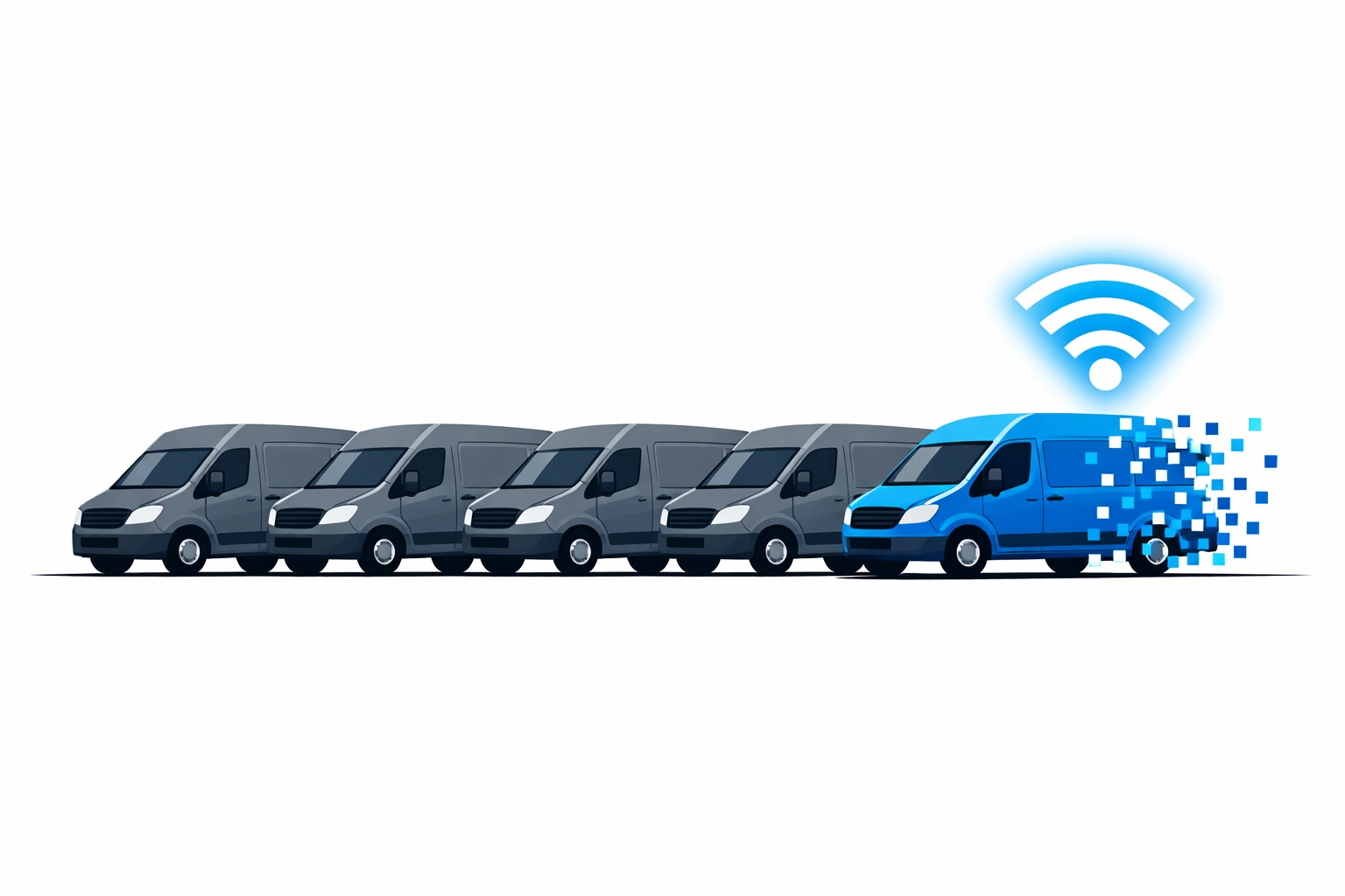 Illustration of five service vans with one transforming into a digital signal to represent remote resolution.