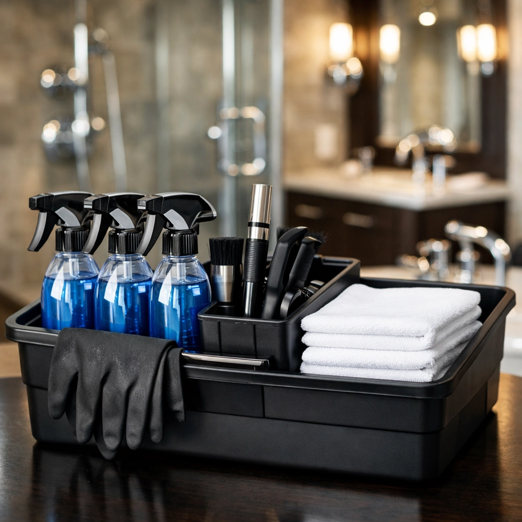 Organized professional supplies used by top-rated cleaning services near me for home maintenance.