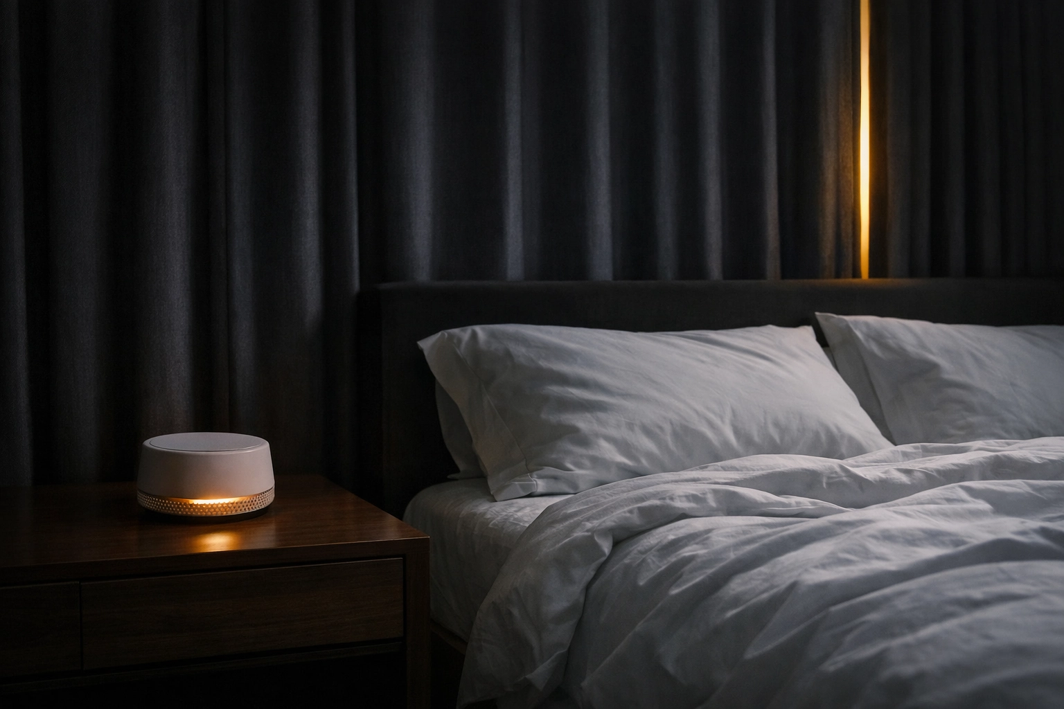 Darkened bedroom with blackout curtains and a white noise machine for daytime shift worker sleep hygiene.