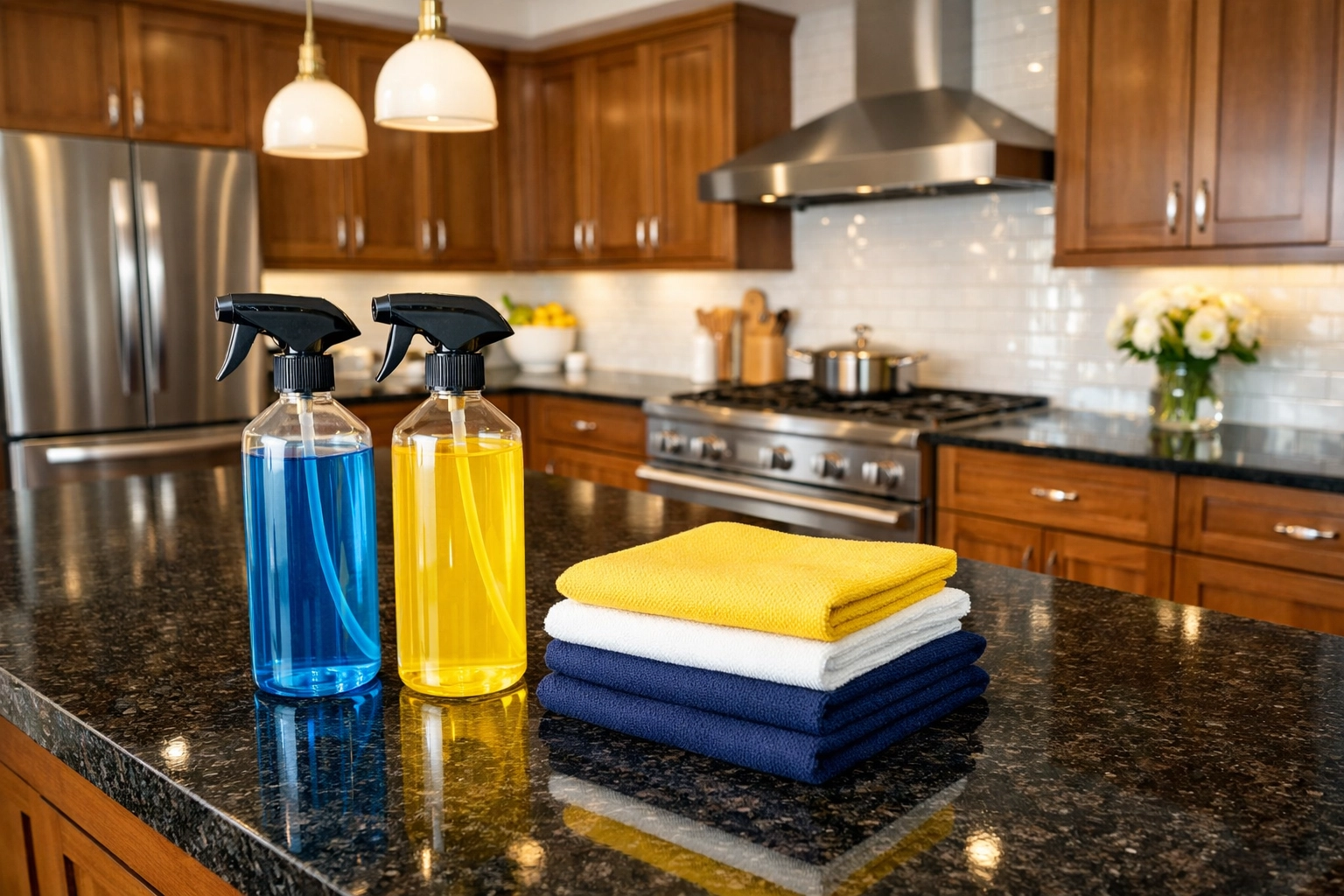 Professional cleaning supplies and microfiber cloths on a luxury kitchen island for House Cleaning Pepperell MA.