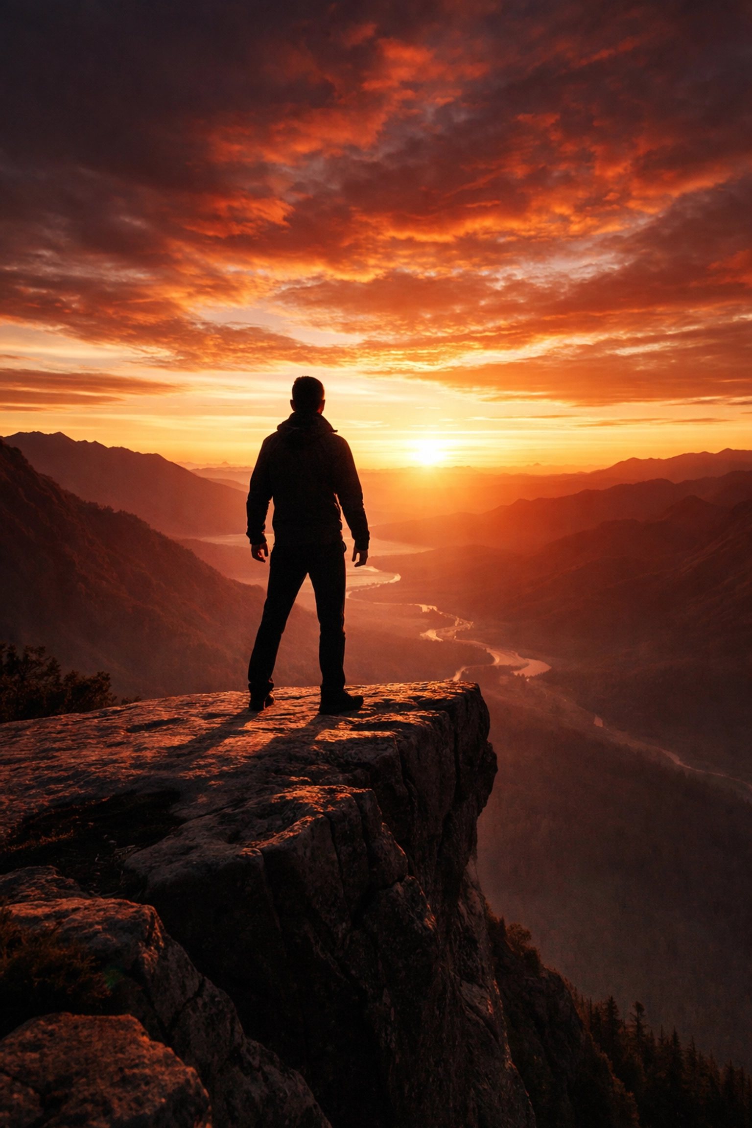 A lone person stands on a cliff at sunset, embodying courageous leadership and embracing forward momentum.