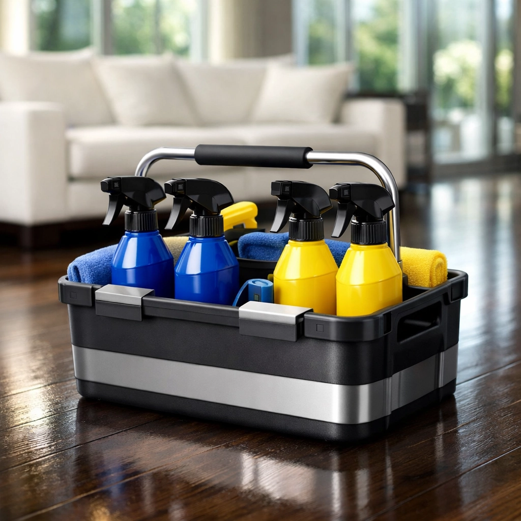 Professional cleaning supplies on a polished floor for reliable cleaning services near me.