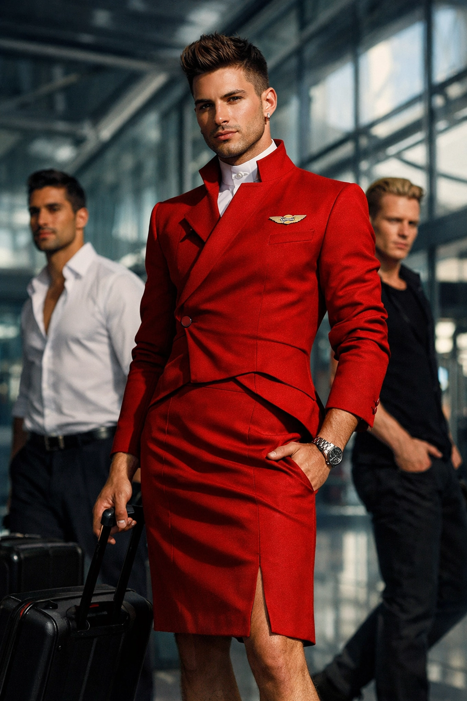 Modern Vivienne Westwood red tailored uniform for Virgin Atlantic cabin crew