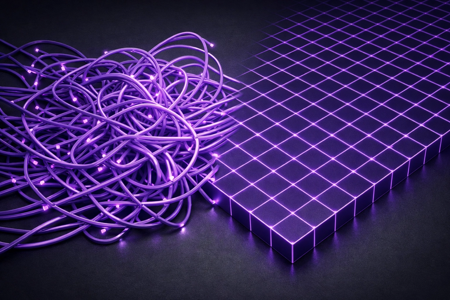 Organized purple grid representing streamlined AI workflow automation and efficient modular agent structures.