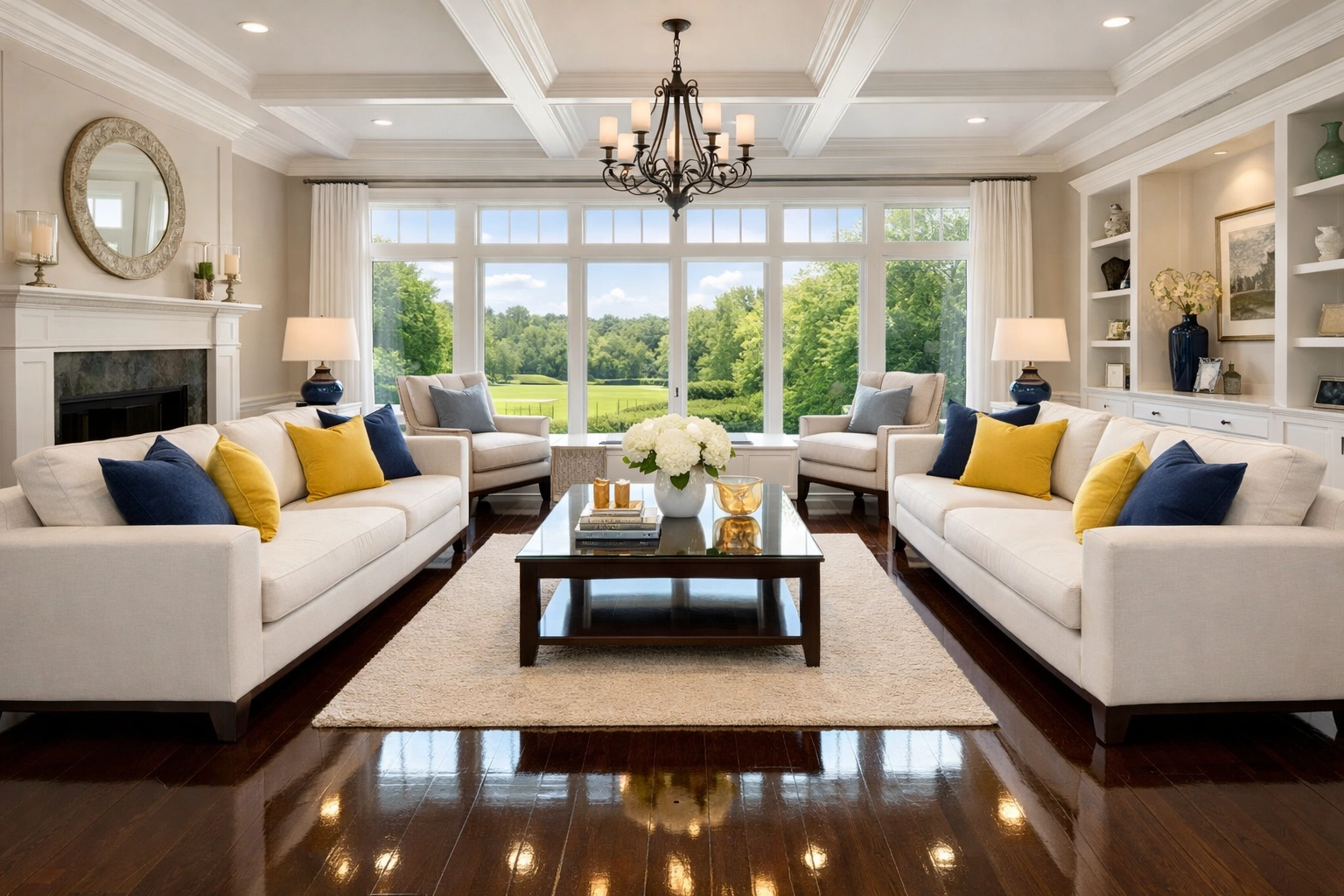 Immaculate living room with shiny hardwood floors after professional house cleaning in Groton, Massachusetts.