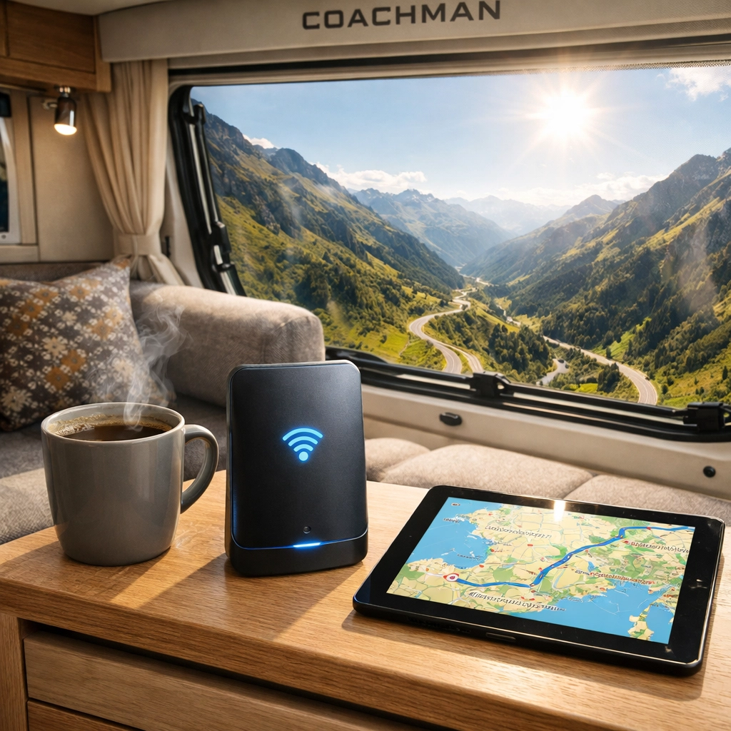Coachman caravan interior featuring a mobile Wi-Fi router and a scenic view of the Pyrenees mountains.