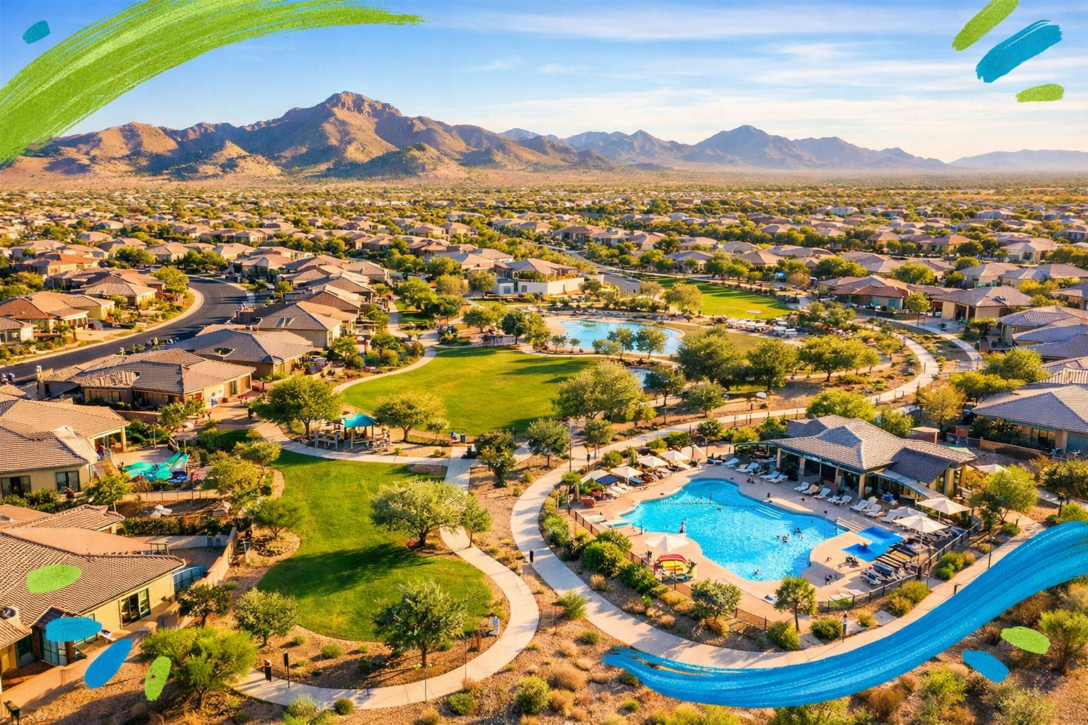 Aerial view of master-planned community in Peoria with homes, pools, and parks