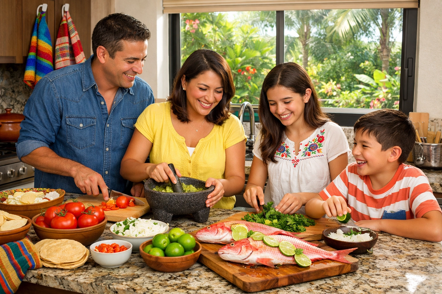 Family preparing fresh ingredients in modern Puerto Vallarta condo rental kitchen