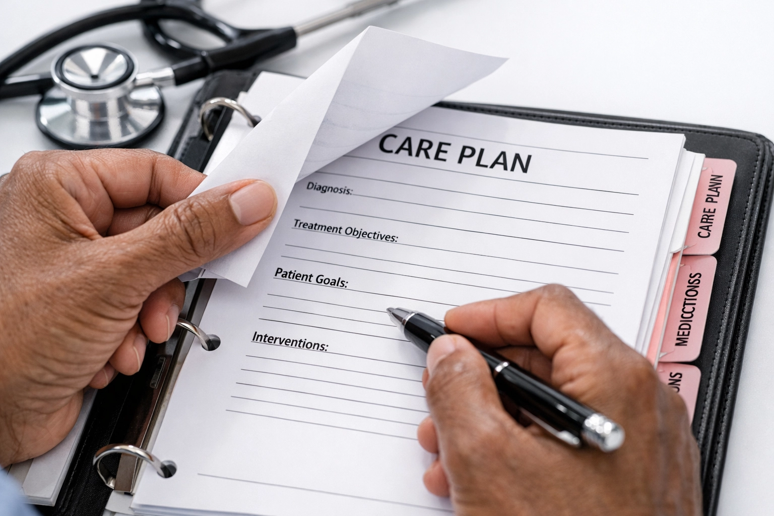 Close-up of a healthcare leader reviewing a resident care plan for documentation compliance.