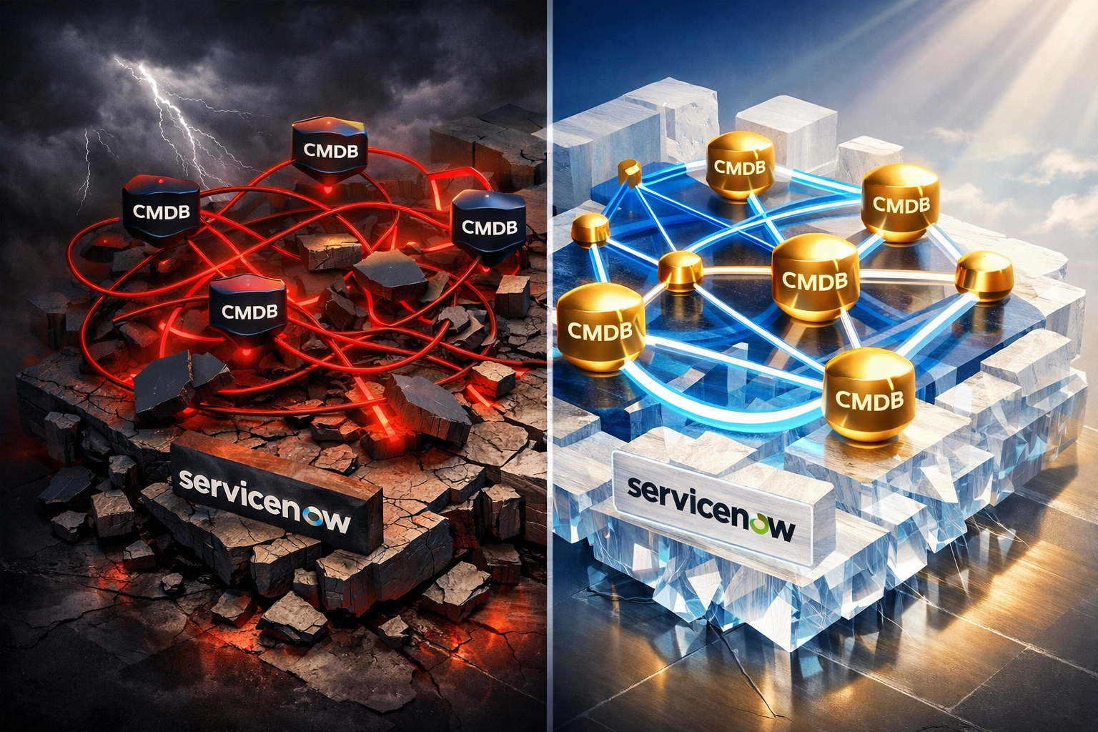 Comparison of failed versus successful ServiceNow implementation with CMDB configuration and workflow management