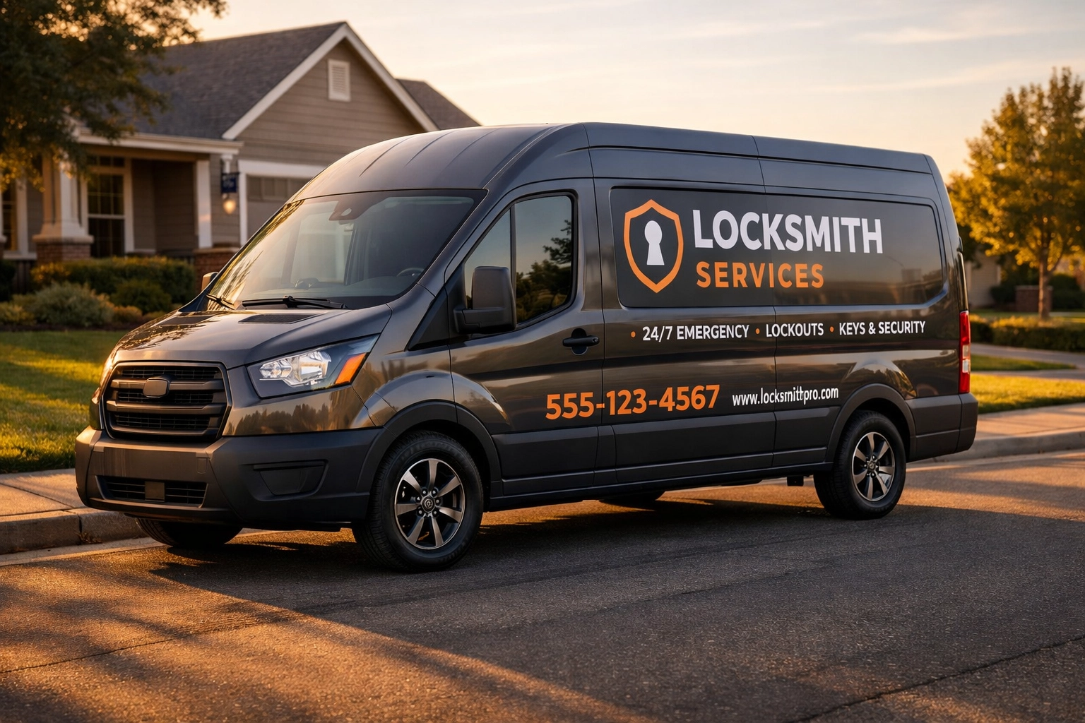 Professional locksmith service van parked on residential street for local SEO visibility