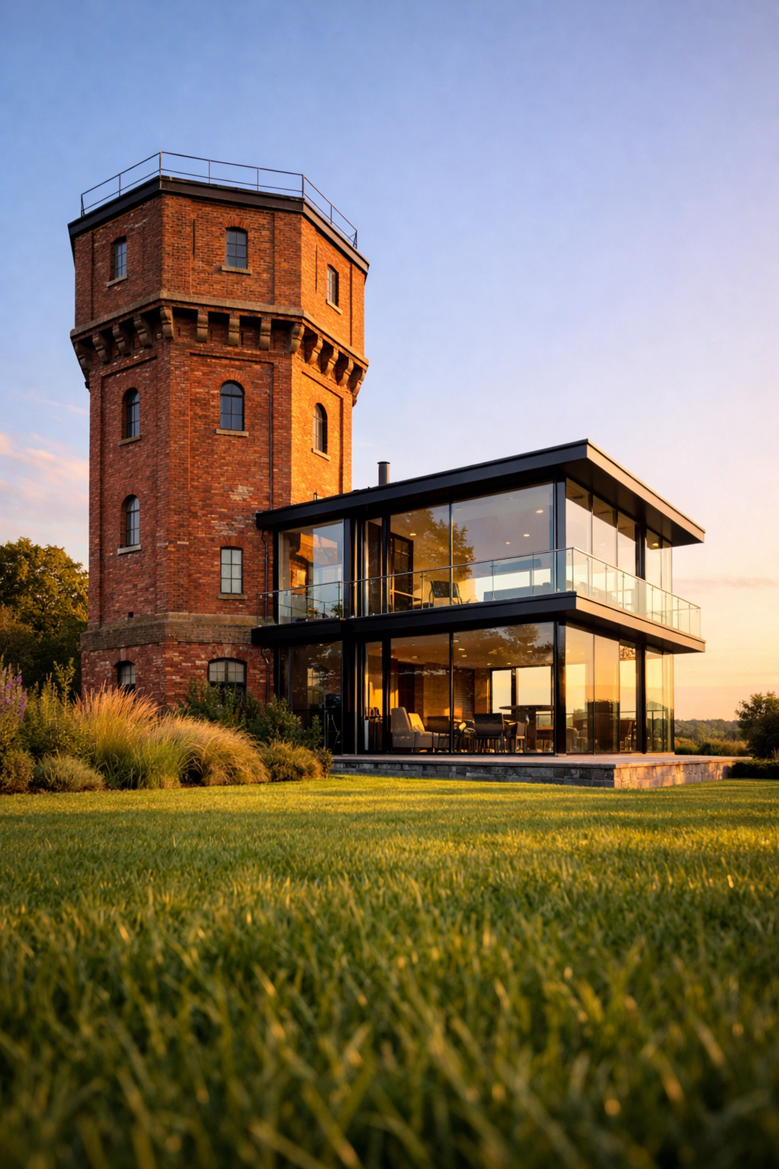 Unique converted water tower property with modern glass features in the English countryside.
