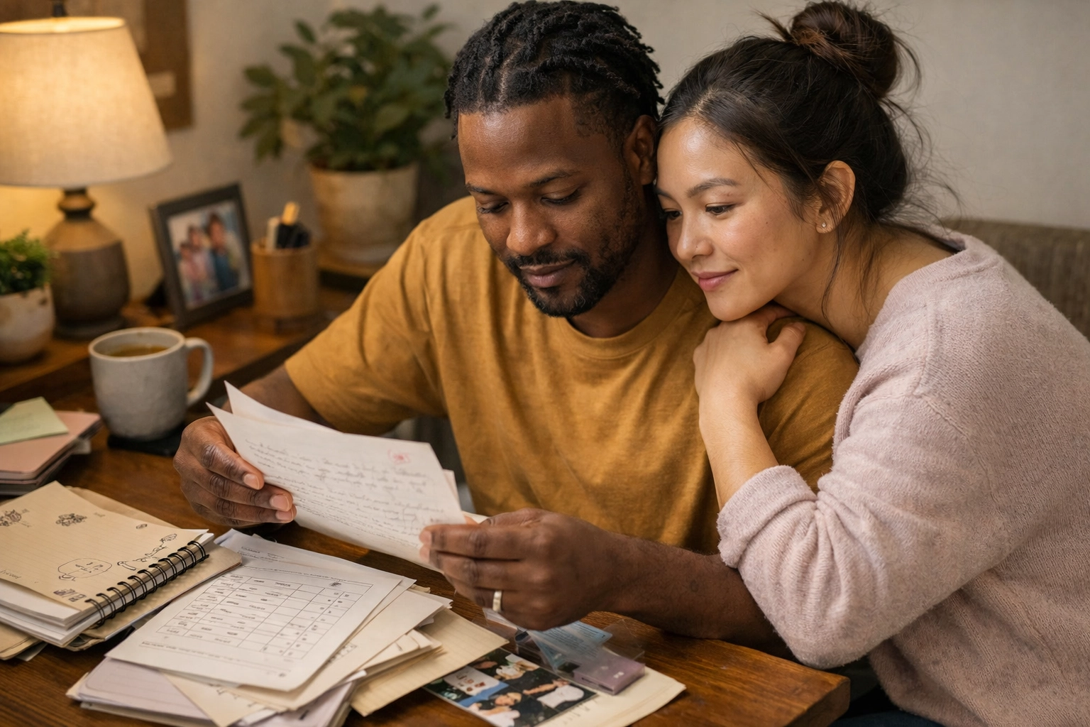 Adult reviewing childhood school notes while preparing for an adult ADHD assessment at a cozy desk.