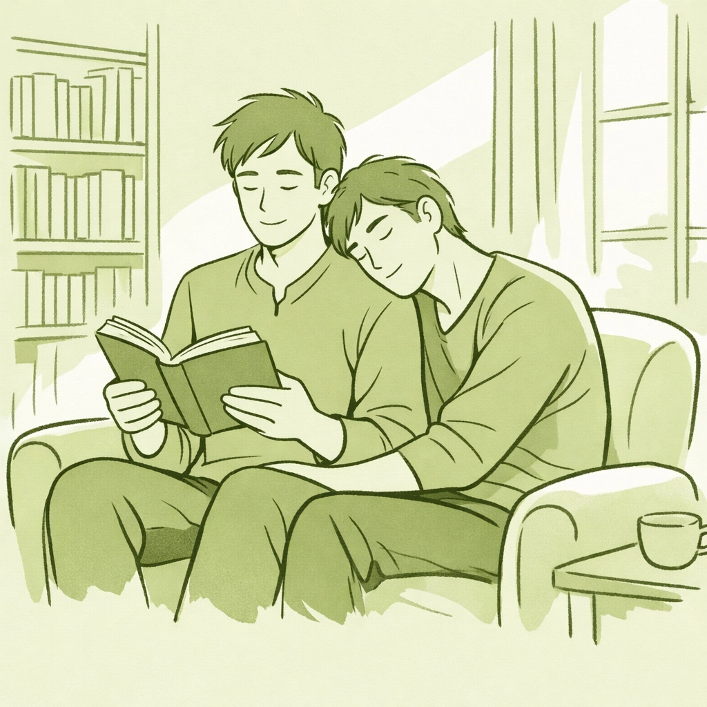 Two men sharing an intimate moment reading a book together in a sun-drenched library.