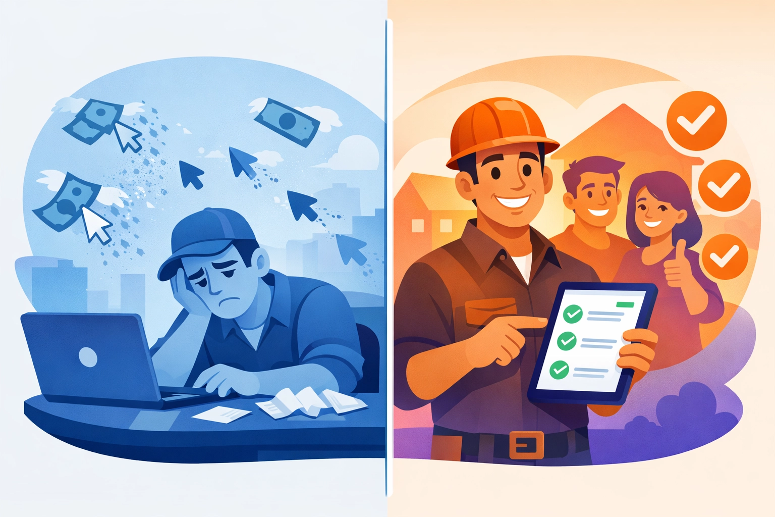 Contractor comparing Google Ads wasted clicks versus pay-per-lead qualified homeowner leads