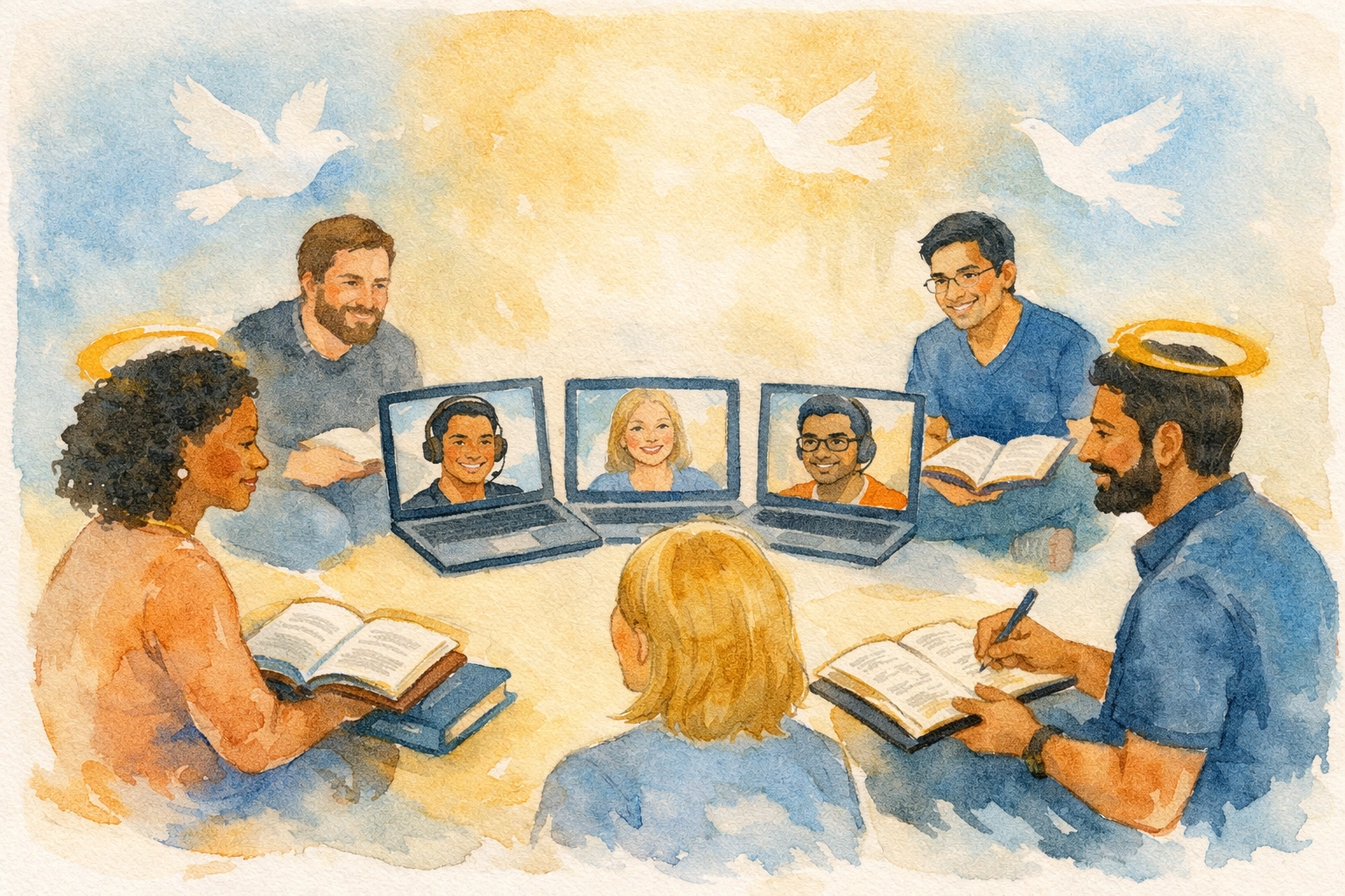 Diverse Bible study group meeting virtually with open Bibles and laptops