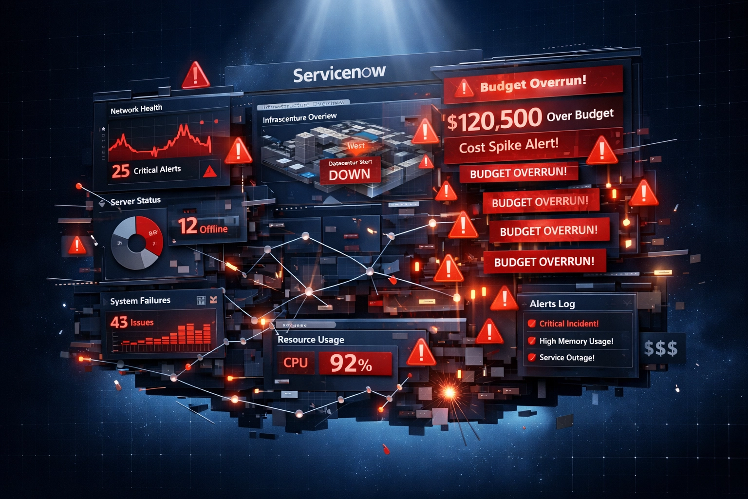 ServiceNow ITOM dashboard showing budget overrun alerts and implementation failures