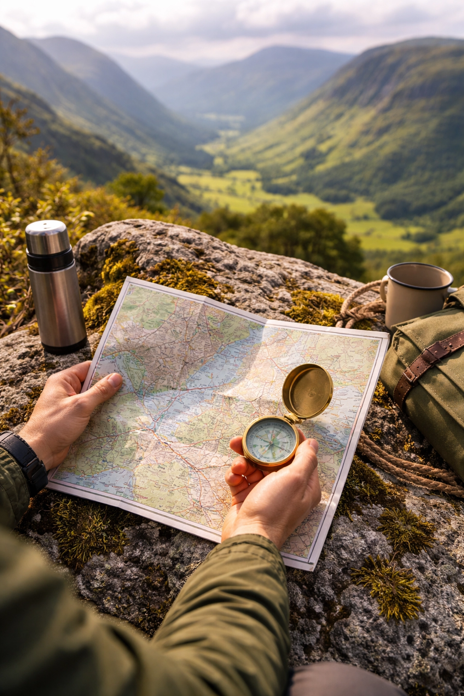 Hiker with map and compass atop mossy rock in Lake District, essential navigation skills for UK camping adventure