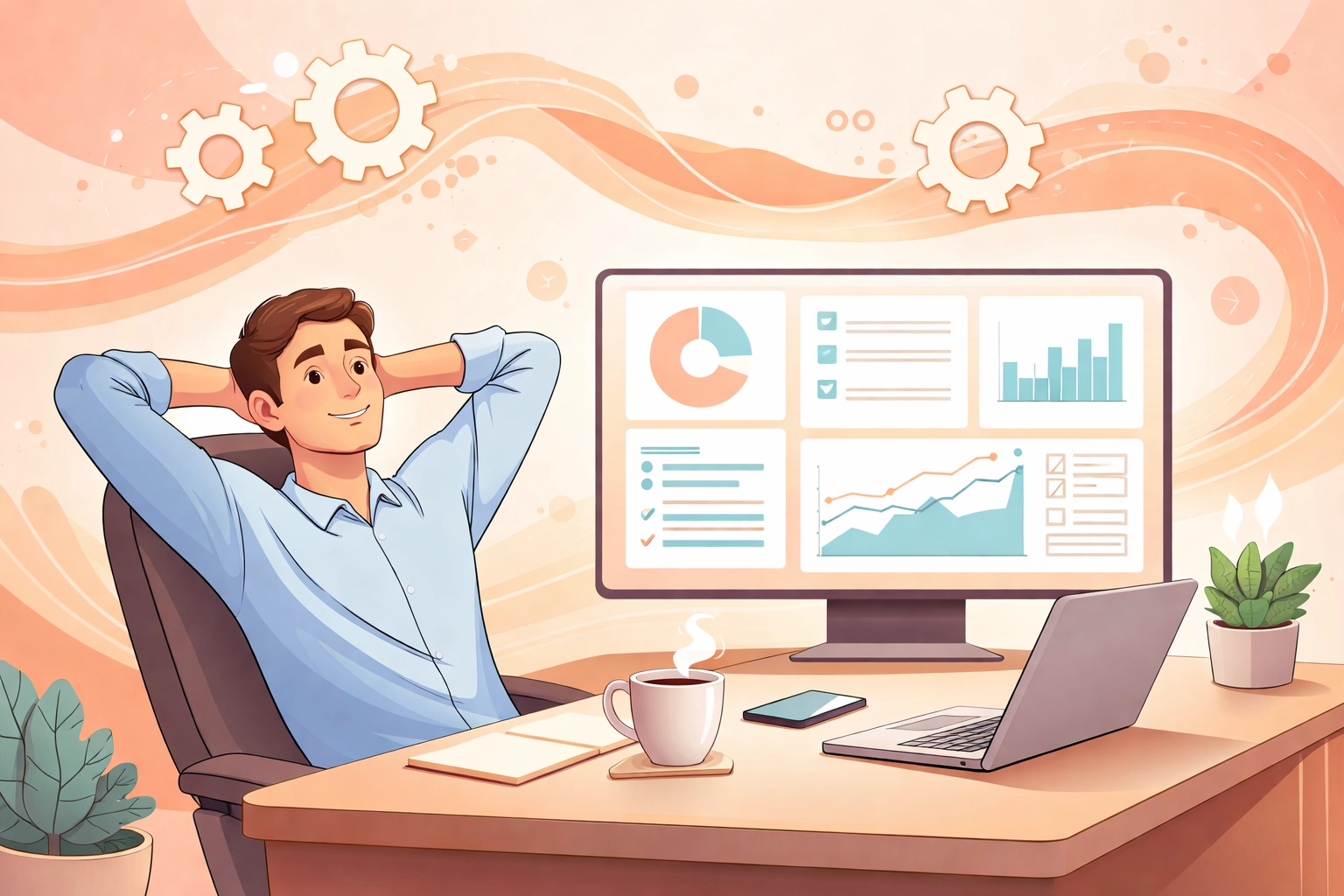 Relaxed business owner with organized data, representing increased productivity from unified business management.