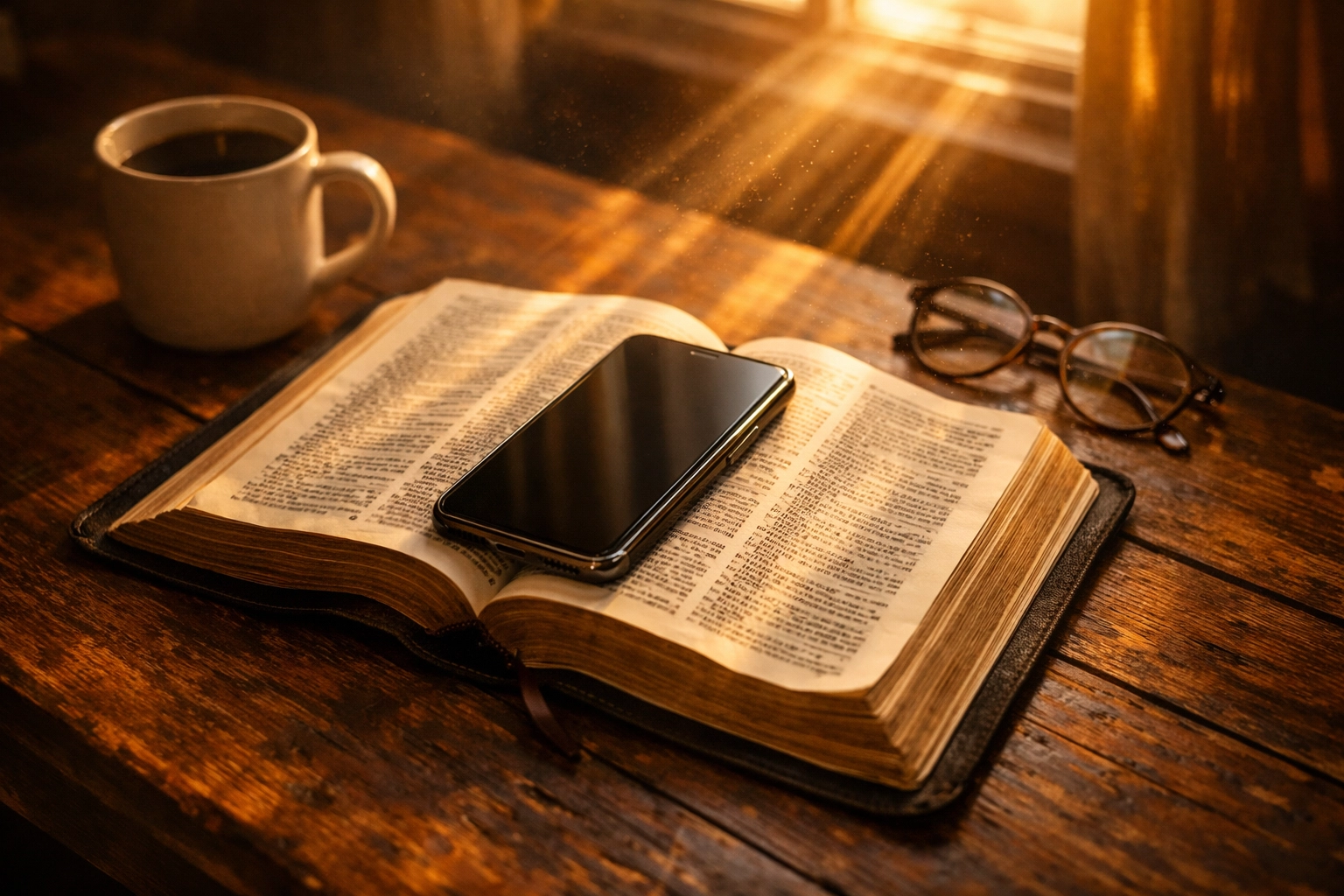 Smartphone resting on open Bible with coffee representing faith and technology integration for digital ministry