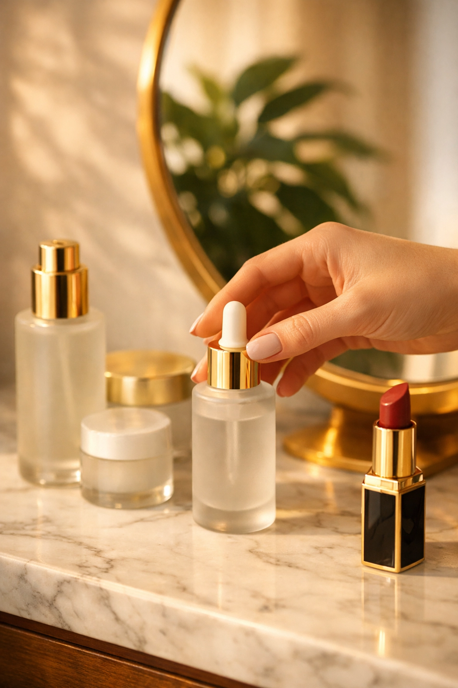 Luxury Sei Bella skincare and beauty products on a marble vanity for a non-toxic beauty routine.